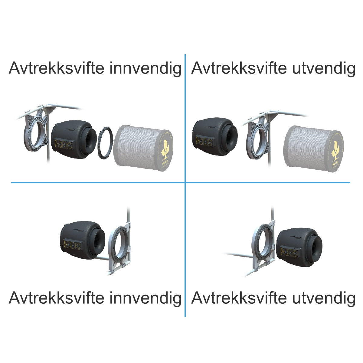 kullfilter går inn i kanalvifte før det settes inntil veggen på dyrketeltet