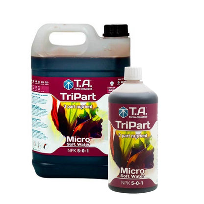 Produktbilde av to flasker NPK T.A Tripart Micro soft water 5l og 1l plantenæring