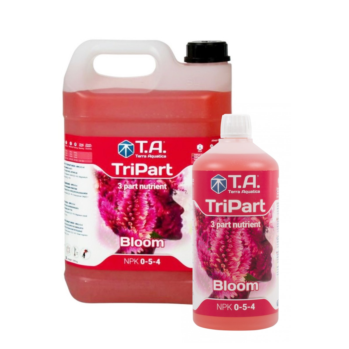 Produktbilde av to flasker NPK T.A Tripart Bloom 5l og 1l plantenæring