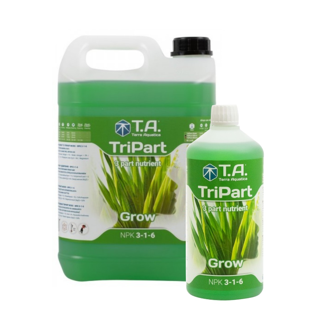 Produktbilde av to flasker NPK T.A Tripart Grow 1l og 5l plantenæring